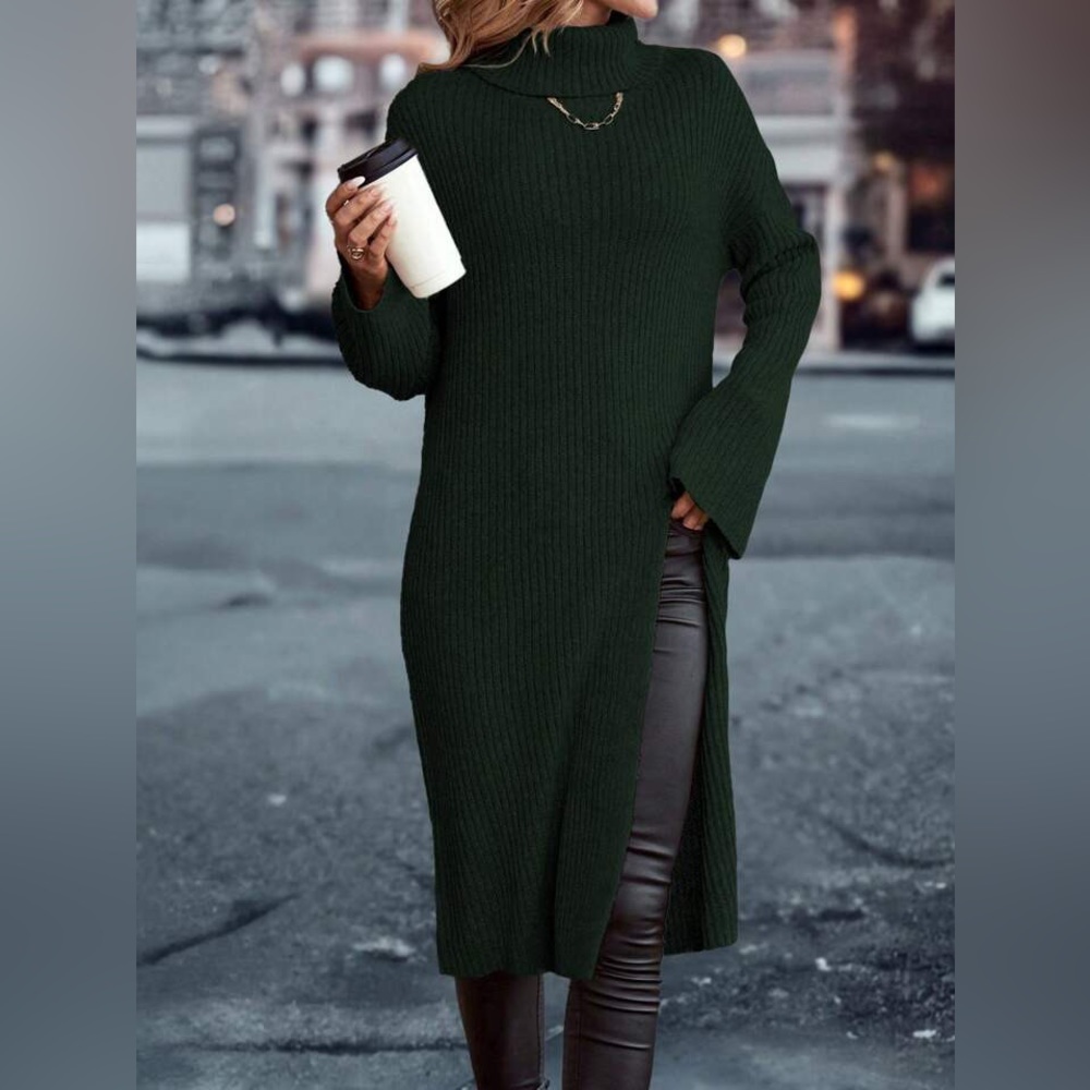 Women's Solid Color High Neck Split Hem Ribbed Knit Sweater - Picture 6 of 8